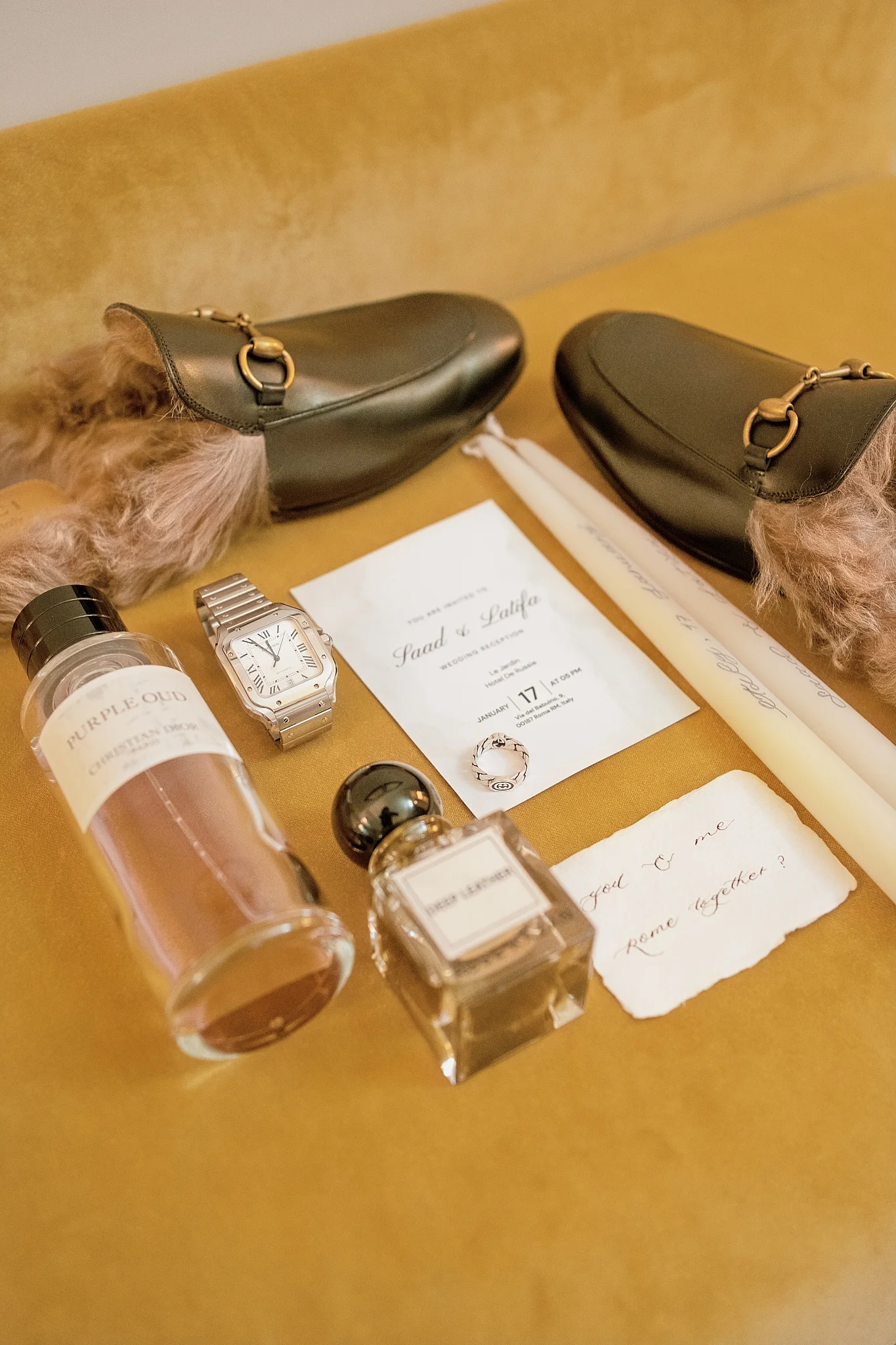 Groom's flat lay with Gucci loafers, a watch, and a guide on how to make Italian wedding invitations.