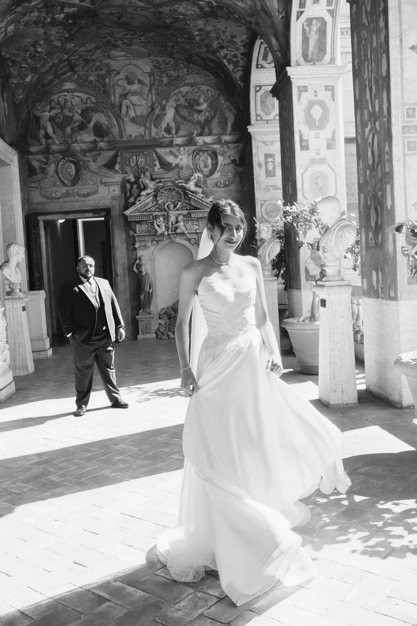 This stunning B&W bridal portrait in a historic Italian villa impacts the wedding photographer cost in Italy.