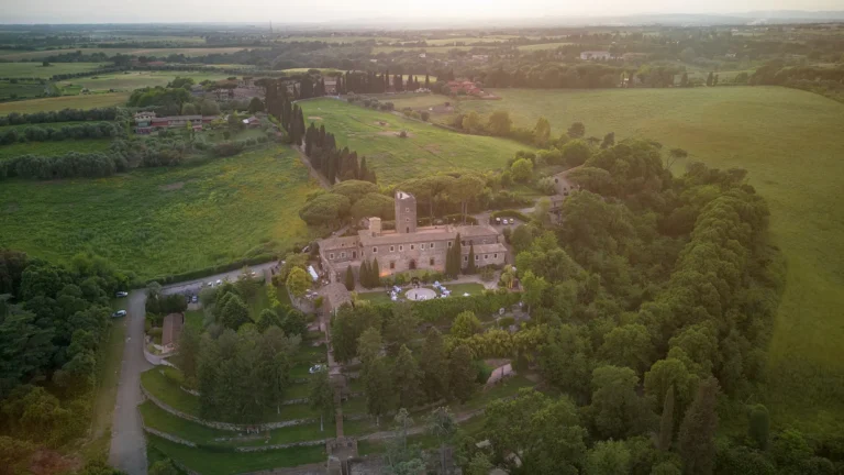 A stunning castle venue captured with drone wedding photography in Italy.